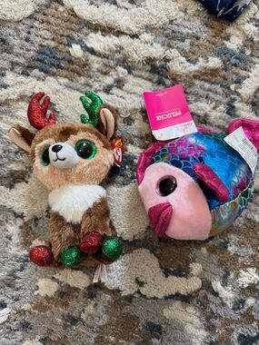 Ty Plush Reindeer and Mermaid Fish Duo - Brown, Green, Red, Pink, Blue